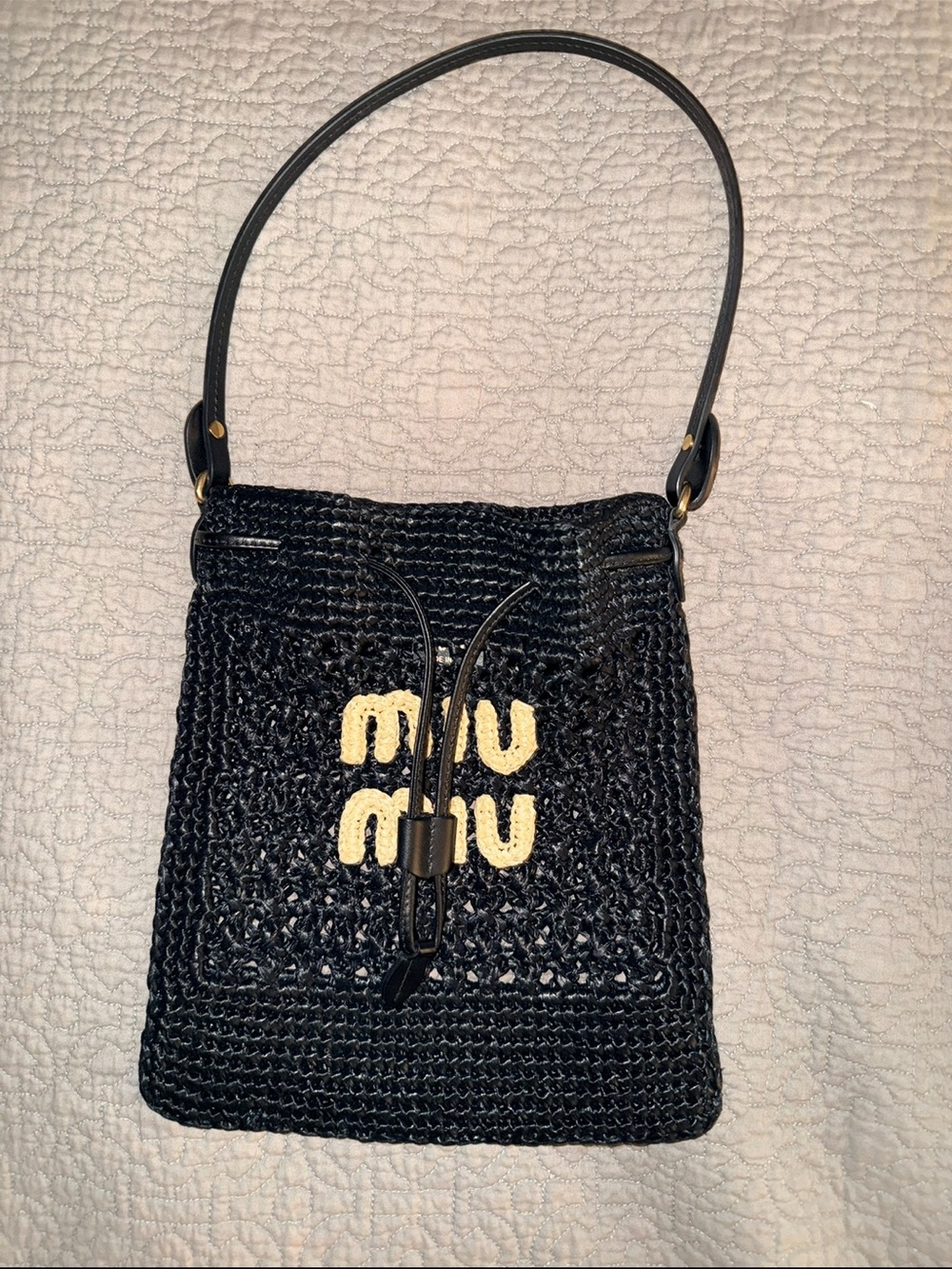MIU MIU
Raffia Crochet Drawstring Pouch Black & Naturale